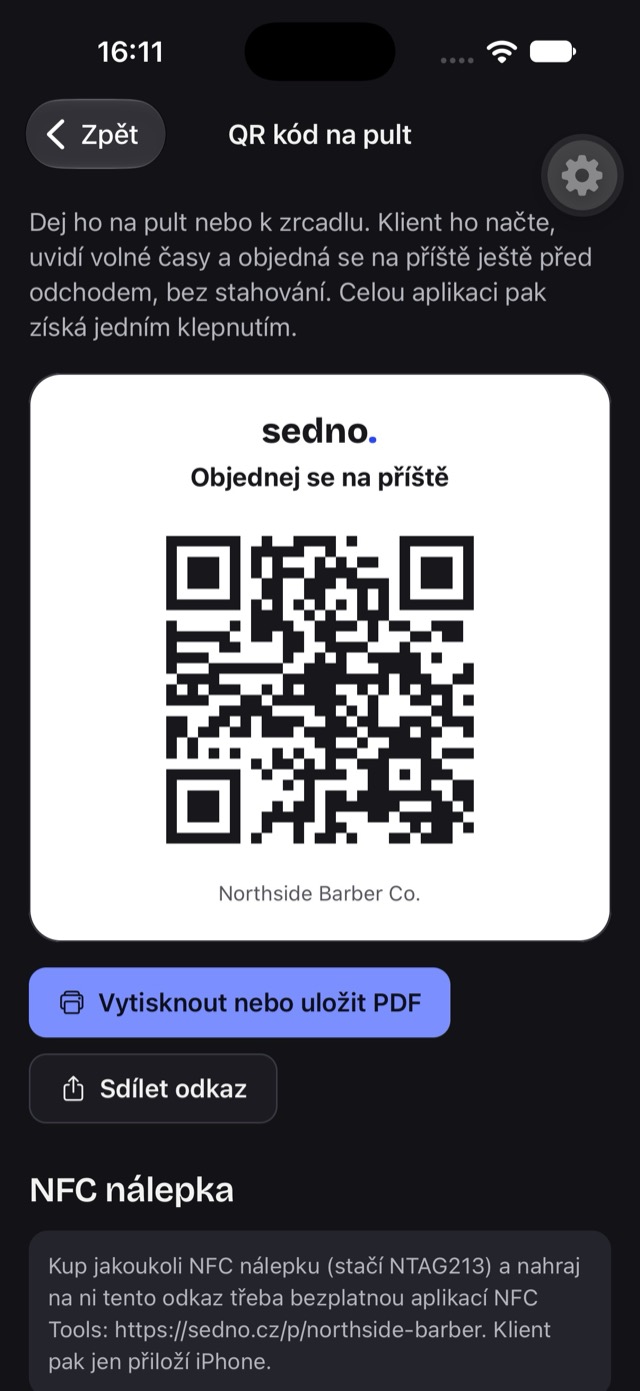 Obrazovka QR kód na pult v aplikaci Sedno