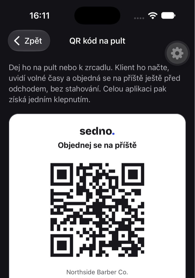 Obrazovka QR kód na pult v aplikaci Sedno